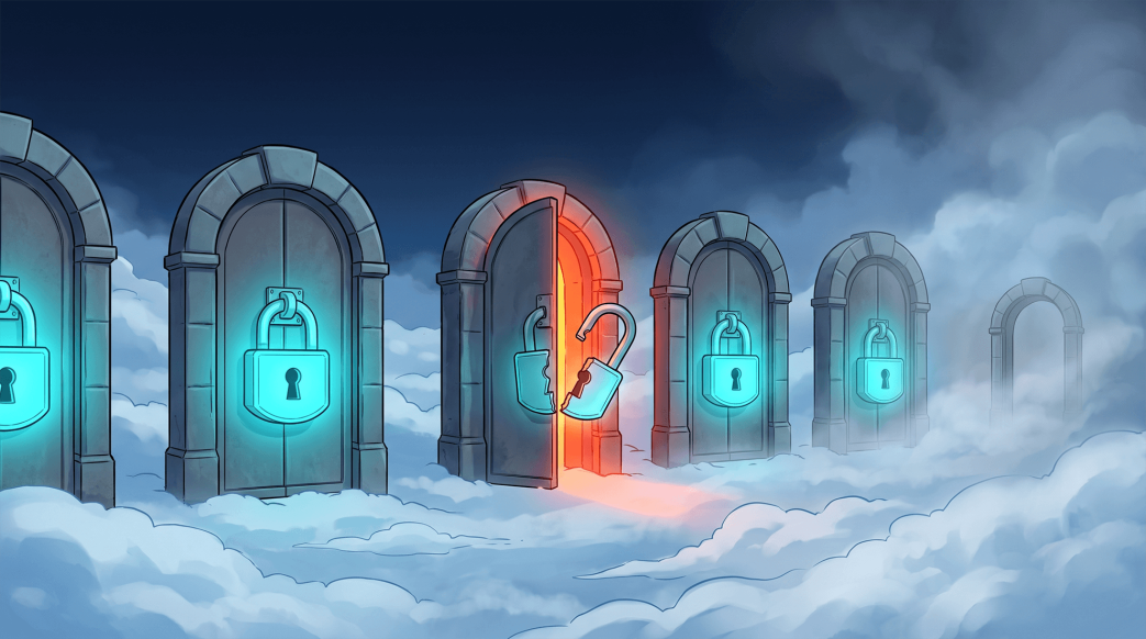 A row of sealed padlocked archways in the clouds, with one padlock broken open and a faint, forgotten archway with no lock standing apart in the mist