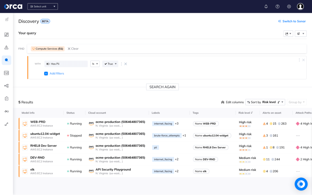 Orca Security's dashboard Discovery feature