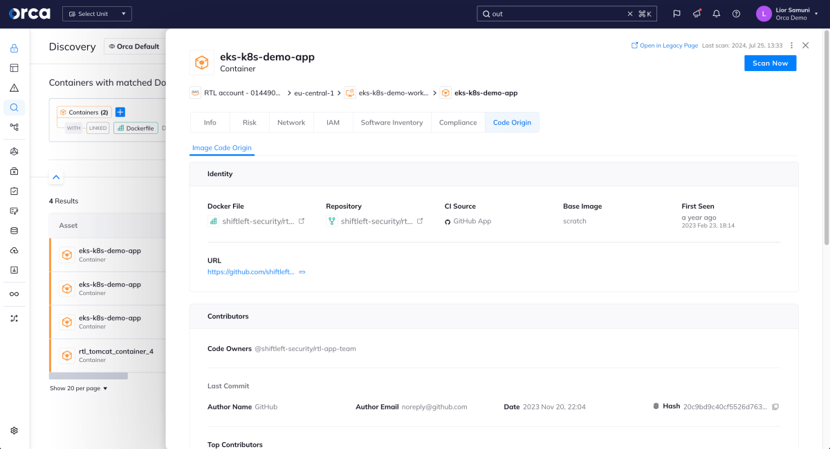 Orca shows the origin of the container image, including the repository name and author details