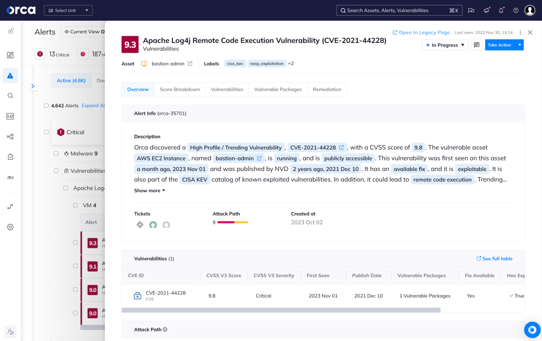 Orca Security platform alert dashboard for Apache Log4j vulnerability