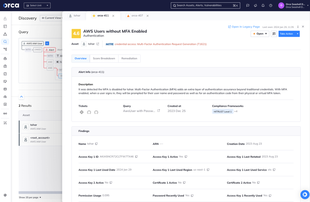 An alert in Orca shows “AWS Users without MFA Enabled