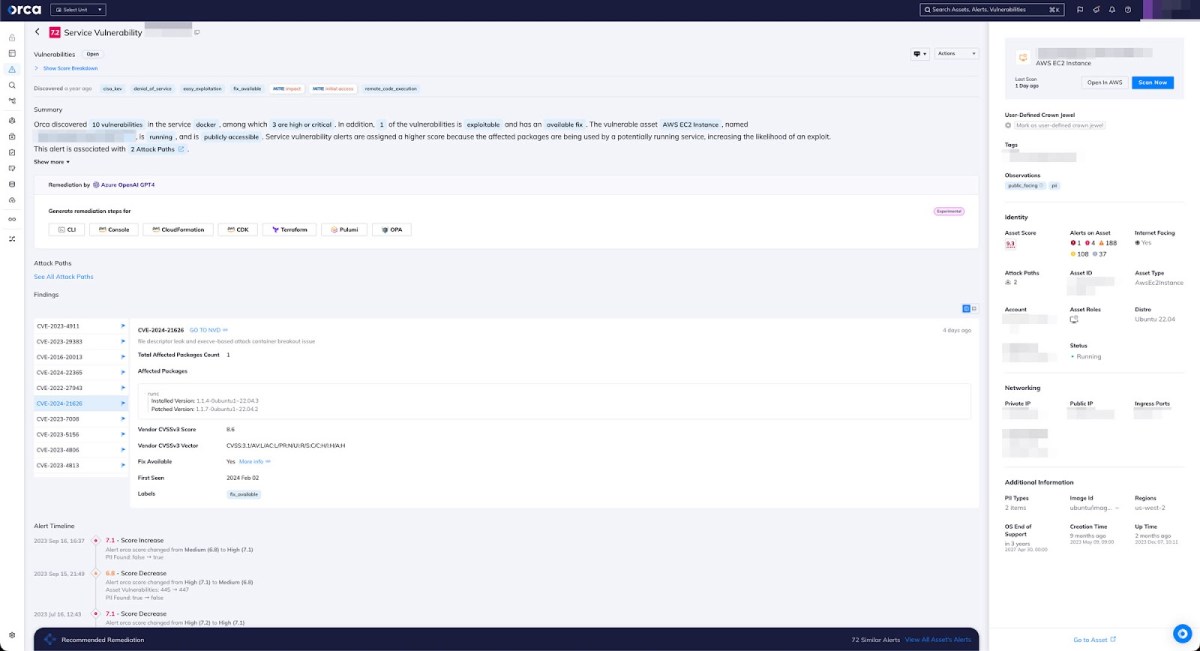 A screenshot of a service vulnerability in the Orca platform