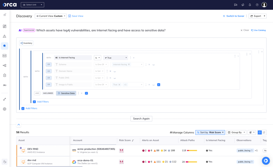 Screenshot of Orca Security's AI-powered cloud security dashboard displaying log4j vulnerabilities 