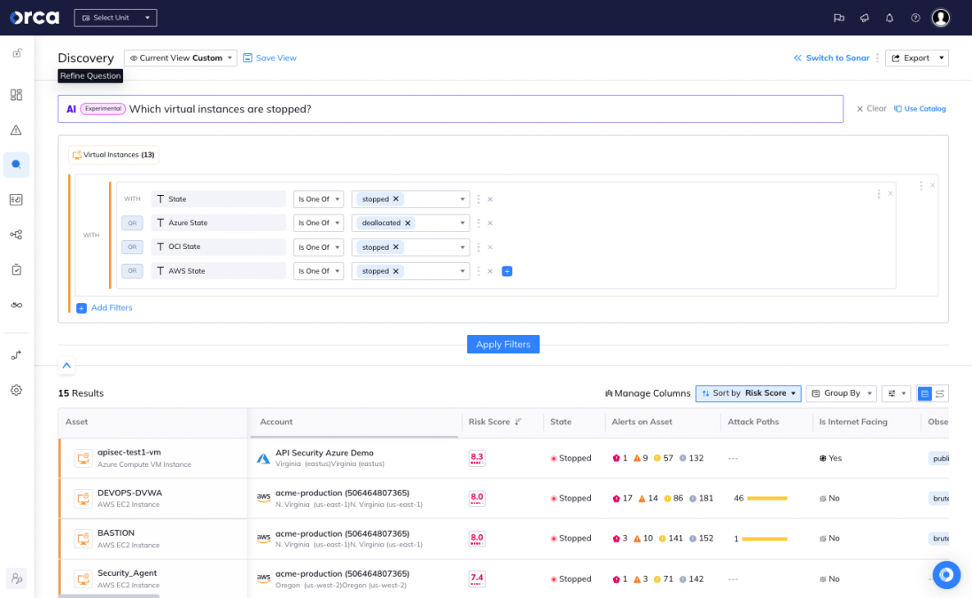 Screenshot of Orca Security's AI-powered cloud security dashboard