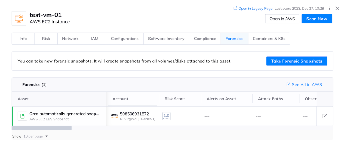 Screenshot of an Orca Security forensics snapshot displaying an AWS-EC2 Instance