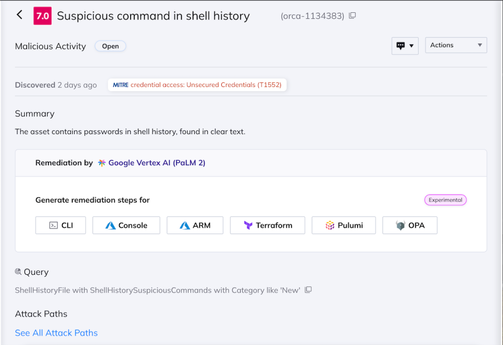 Orca Security’s Shell Command in Shell History dashboard