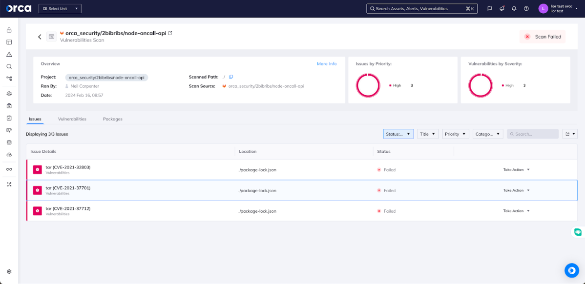 An Orca Security Vulnerabilities scan dashboard