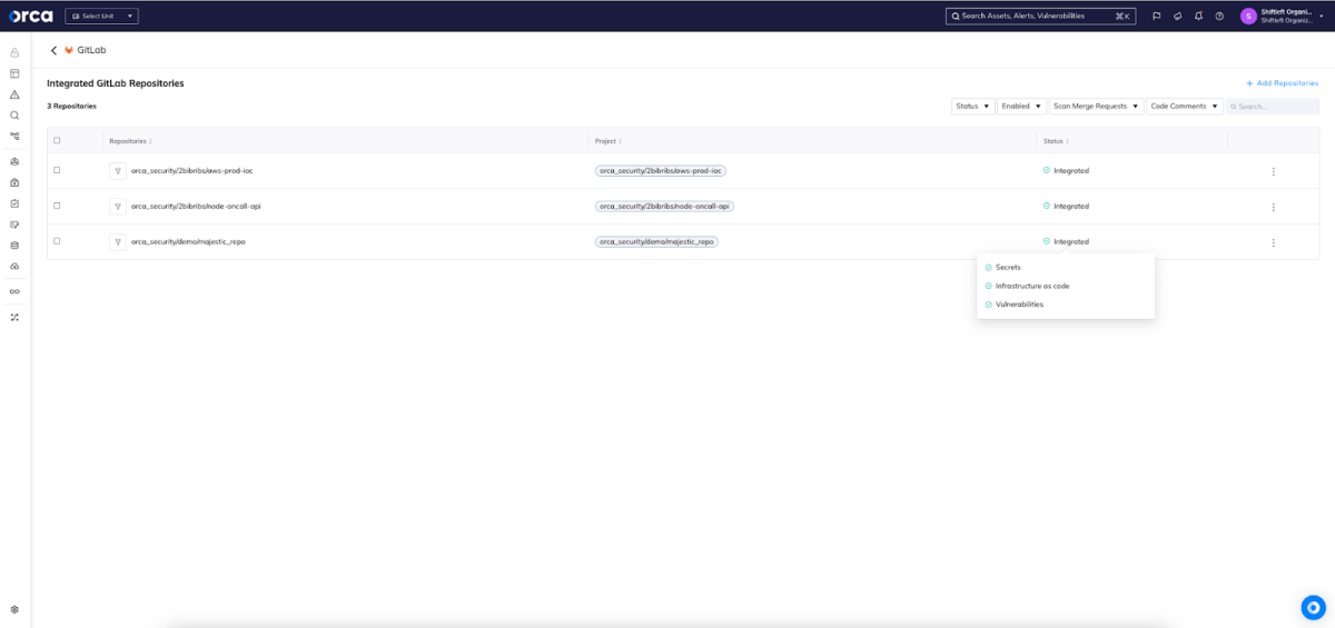 Orca Security's Integrated GitLab Repositories