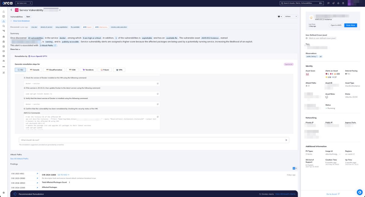A screenshot of a service vulnerability in the Orca Security platform