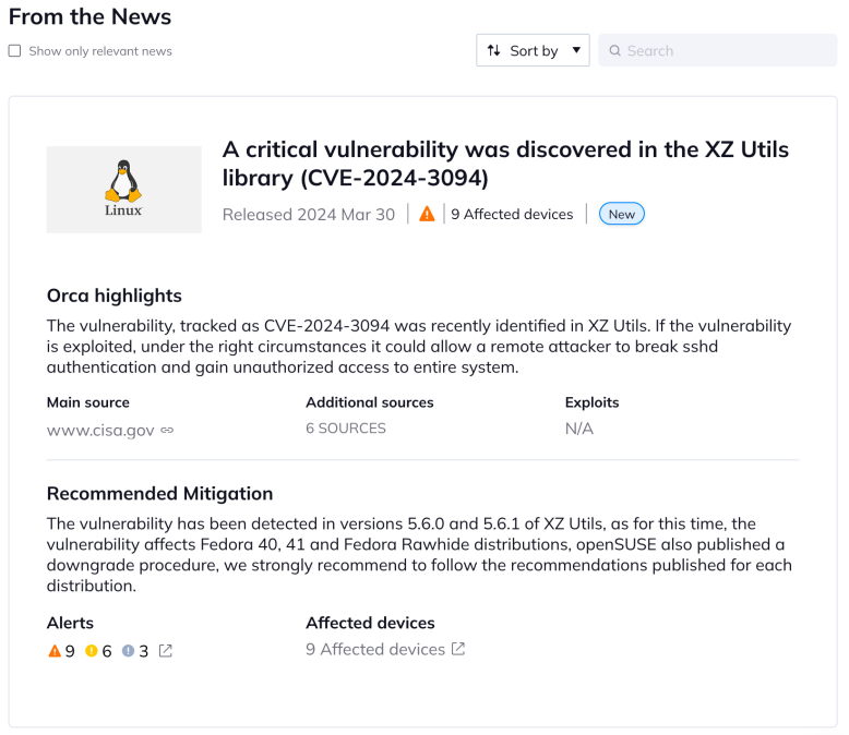 A “From the News” item describes the critical vulnerability in XZ Utils and shows that there are a number of alerts for 9 affected devices.