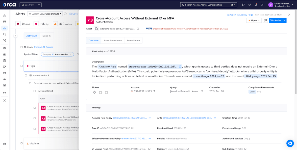 An alert for “Cross-Account Access Without External ID or MFA” shows an AWS IAM identity that grants access to third parties without appropriate controls to limit misuse.