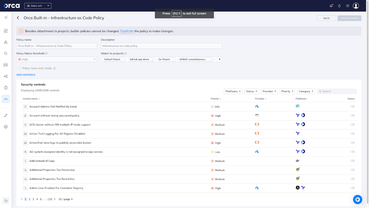 The Orca Security Infrastructure as Code Policy dashboard