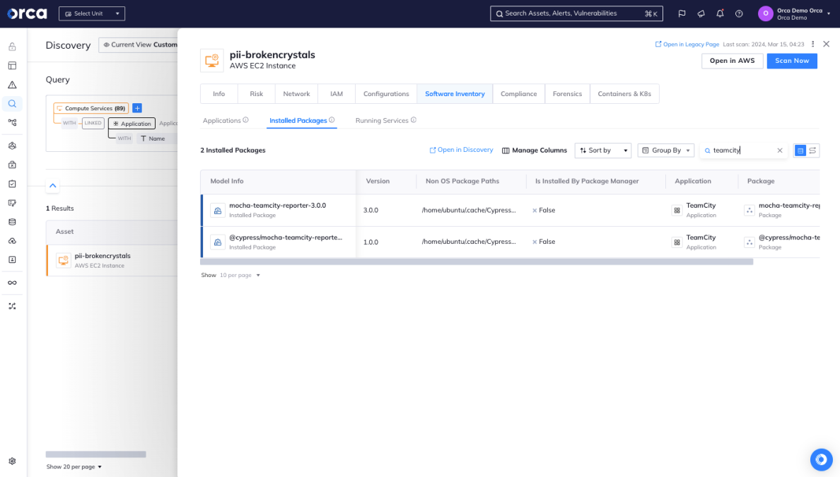 Orca Security's Discovery dashboard featuring pii-brokencrystals AWS-EC2 Instance