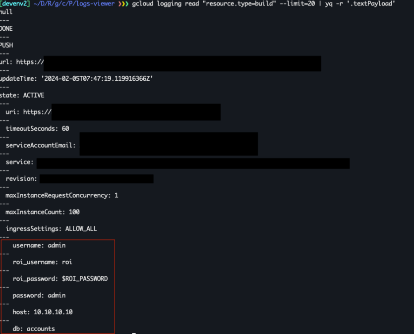 A screenshot of a GCloud log