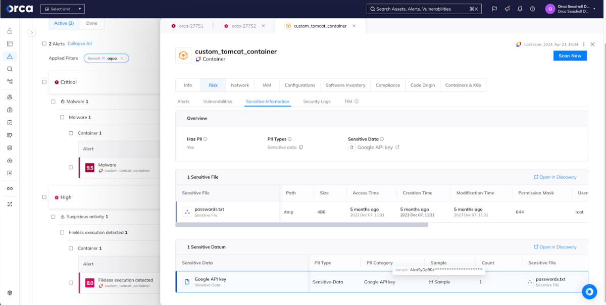 An Orca Security asset page shows the Risk associated with the compromised asset and, in particular, the sensitive information found embedded in it. A Google API key is contained within a file named passwords.txt