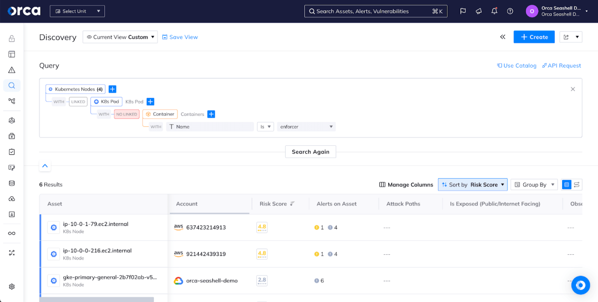 A screenshot of a Discovery query in the Orca Cloud Security Platform, identifying Kubernetes nodes that do not have an Enforcer container deployed. Six nodes have been identified.