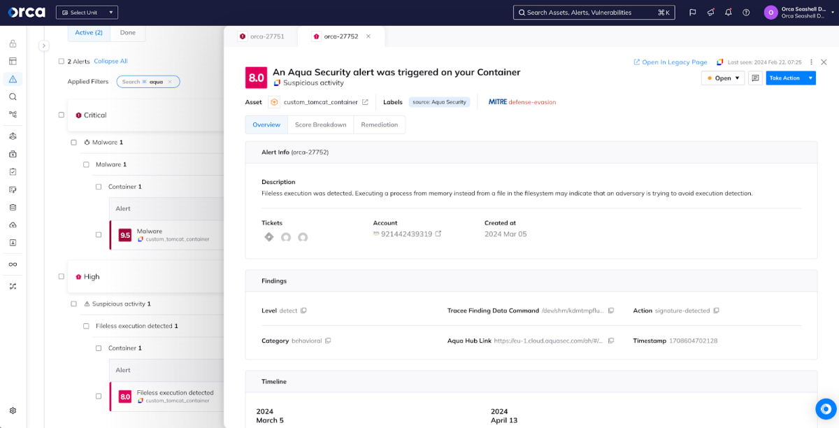An Aqua Security alert was triggered in your Container”, is shown in the Orca Security console. The alert includes detailed information and links to the underlying asset.