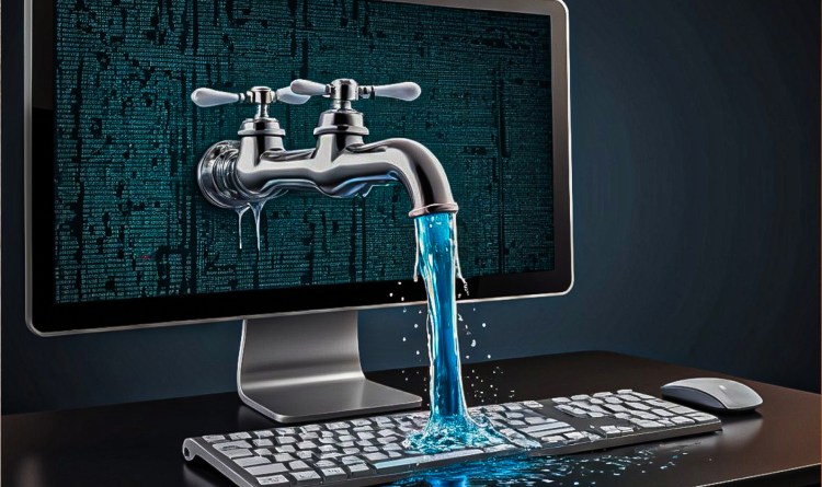 A leaking water faucet on an iMac screen, dripping onto the keyboard, represents leaked data in cloud environments.