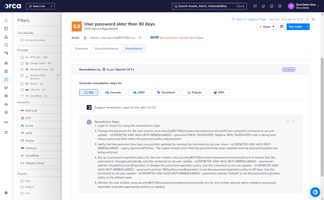 A screenshot of the Orca platform leveraging GenAI to produce remediation steps