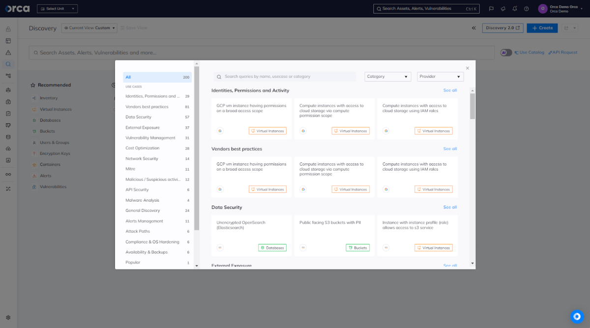 An example of Orca Security's out-of-the-box queries in the Orca cloud security platform