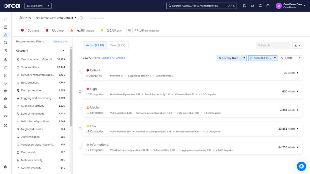 Orca Security's cloud security platform dashboard displaying a prioritization of alerts using a granular risk score