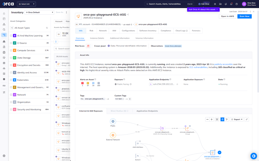The Orca Security dashboard featuring cloud assets with versions, installation dates and methods