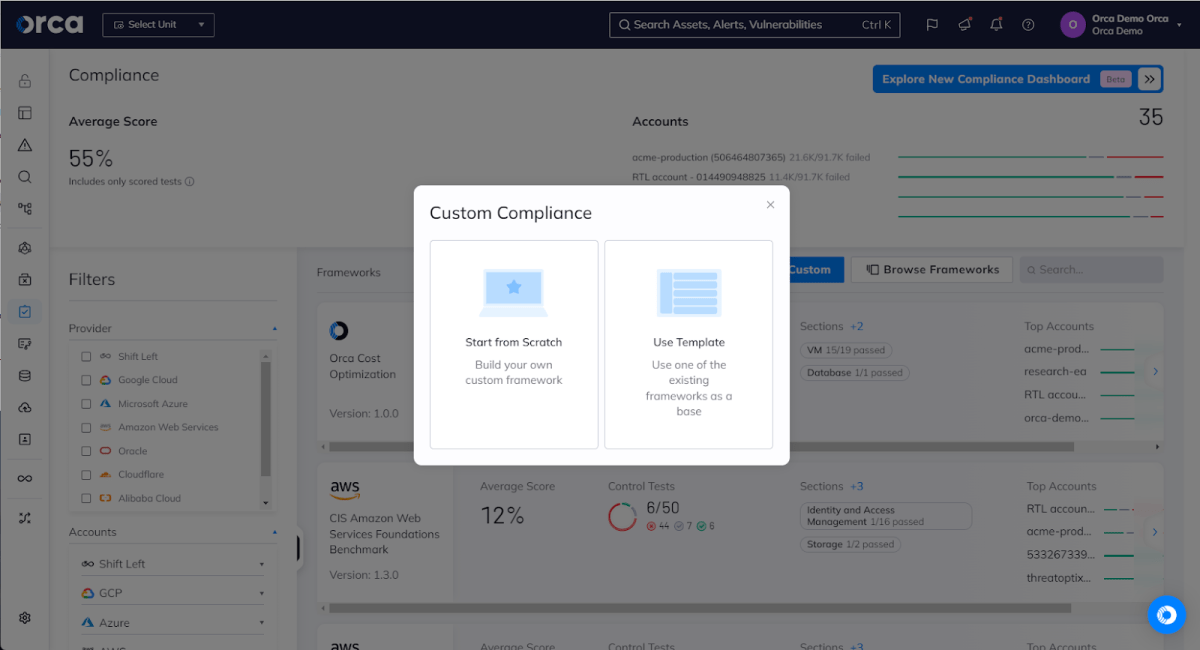 An example of Orca Security's custom compliance frameworks interface