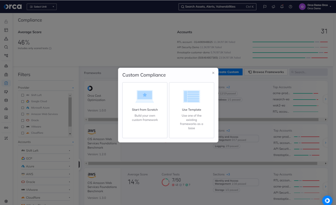 A screenshot of the Orca platforms custom compliance framework capabilities