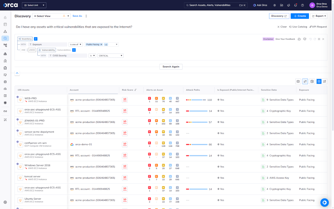 Orca Security's AI powered search feature in action