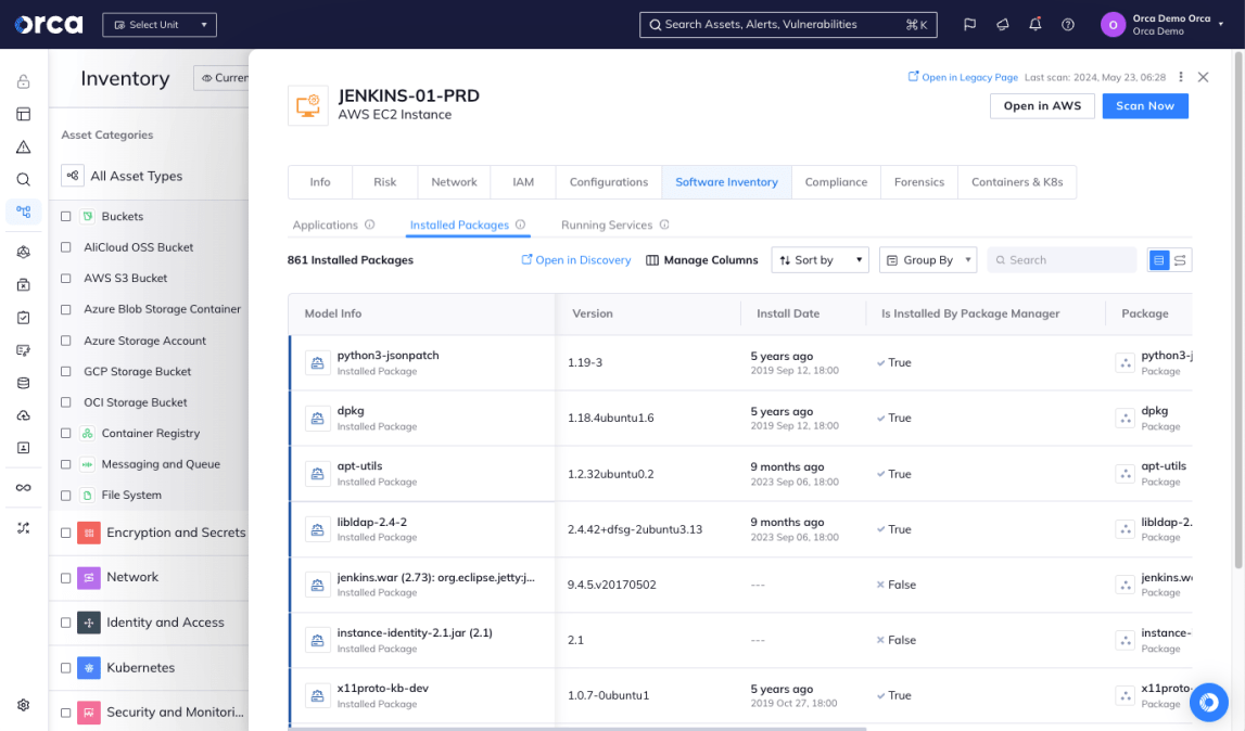 The Orca Security dashboard featuring cloud assets with versions, installation dates and methods