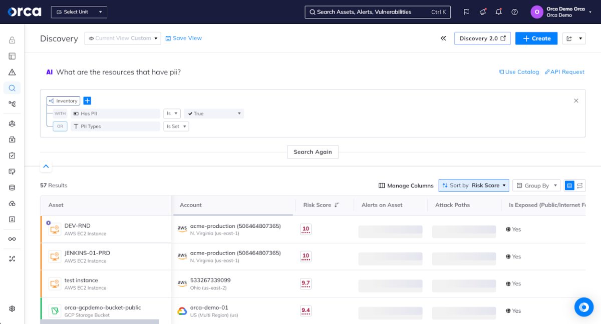 Orca Security dashboard displaying AI results for resources that have pii including assets, accounts and risk scores