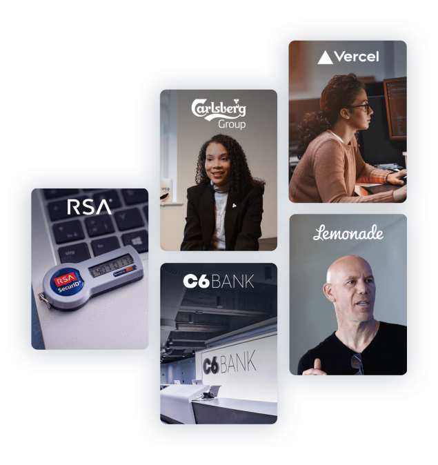 A collage of Orca Security customers, like RSA, Carlsberg Group, Vercel, C6 Bank, and Lemonade.