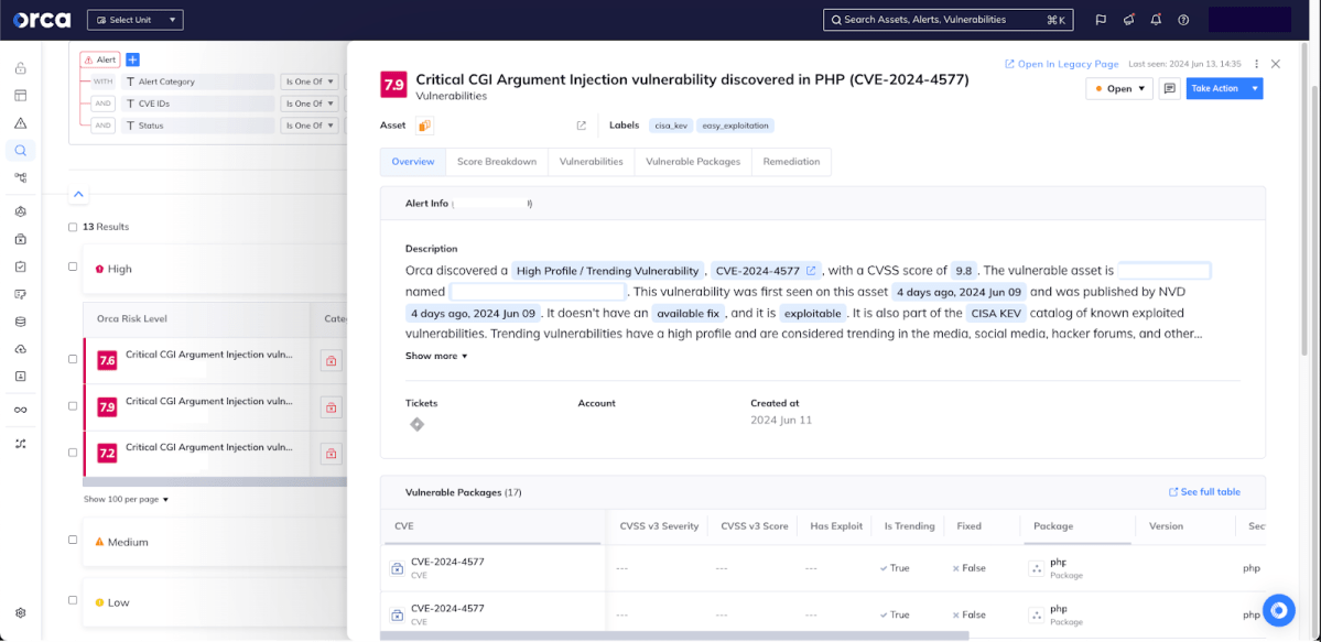 Orca Security’s dashboard shows an alert for critical PHP vulnerability CVE-2024-4577