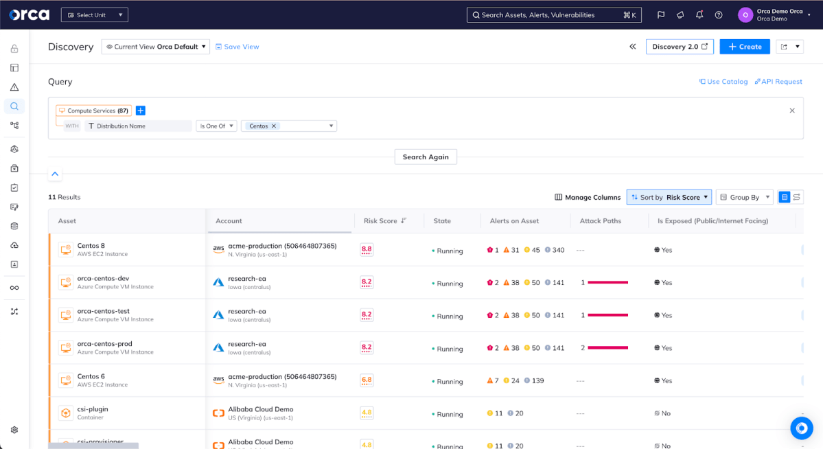 Discovery query in the Orca Security console showing eleven compute assets found running CentOS