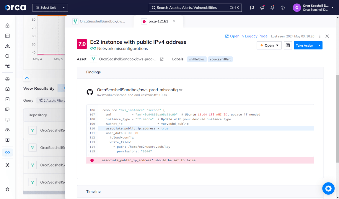 Orca’s SCA capabilities identify misconfigurations in repositories before code enters production.