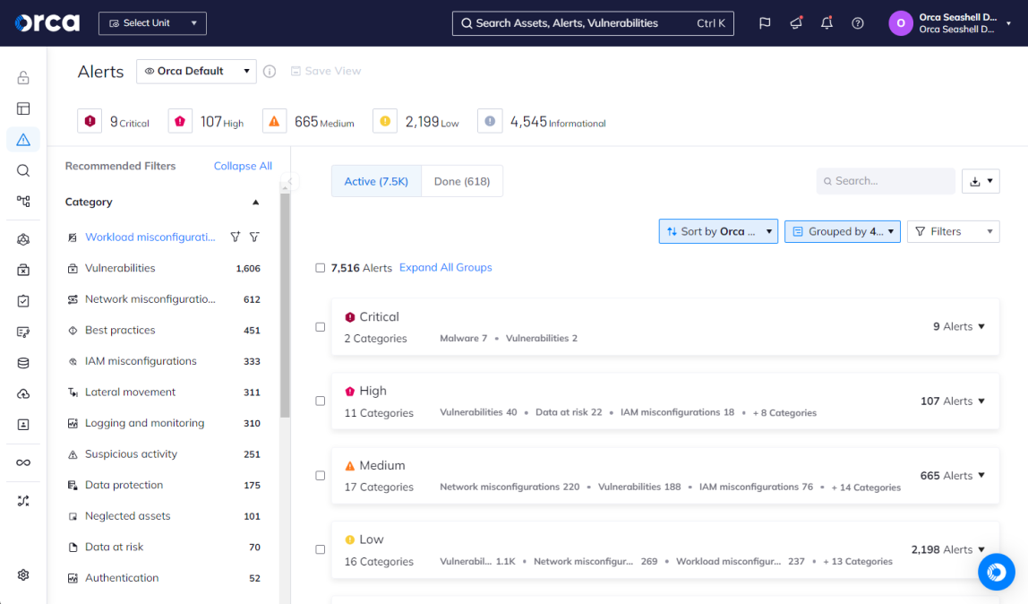 Orca Security's dashboard prioritizing alerts for every risk across the cloud estate. 