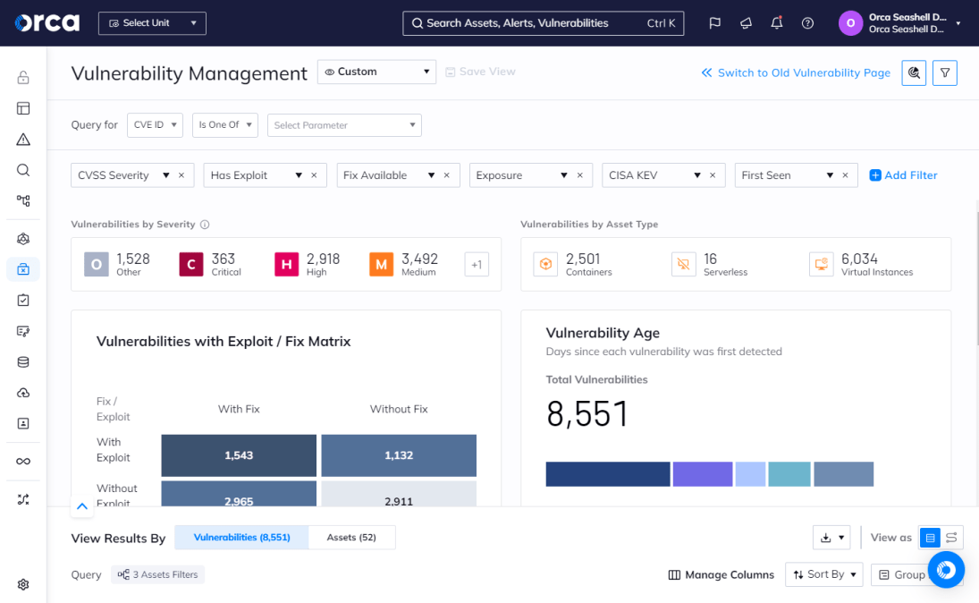 Orca Vulnerability Management dashboard displaying vital vulnerability metrics via a dashboard that includes an SLA widget 
