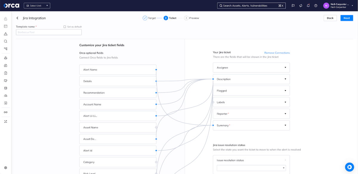 The Jira Integration template editor shows the fields available in Orca alerts with graph connections to output them to fields in the Jira ticket.