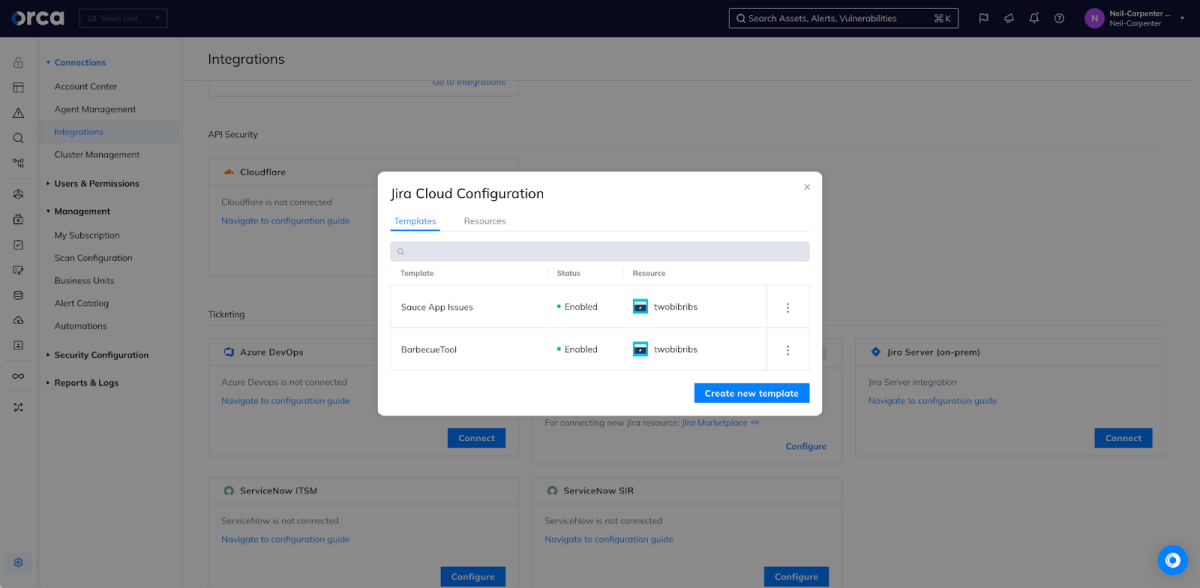The Orca Security platform UI shows a dialog box for editing existing Jira Cloud templates and creating new ones. Templates for “Sauce App Issues” and “BarbecueTool” currently exist in the TwoBibRibs Jira tenant.