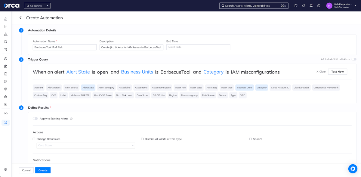 The page for creating automations in Orca is shown with a trigger query of “When an alert Alert State is open and Business Unit is BarbecueTool and Category is IAM misconfigurations”.