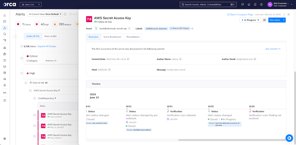 An open alert for an AWS Secret Access Key detection shows that, while the Jira ticket was closed, verification showed that the problem still exists. The Orca alert and the Jira ticket were both reopened.