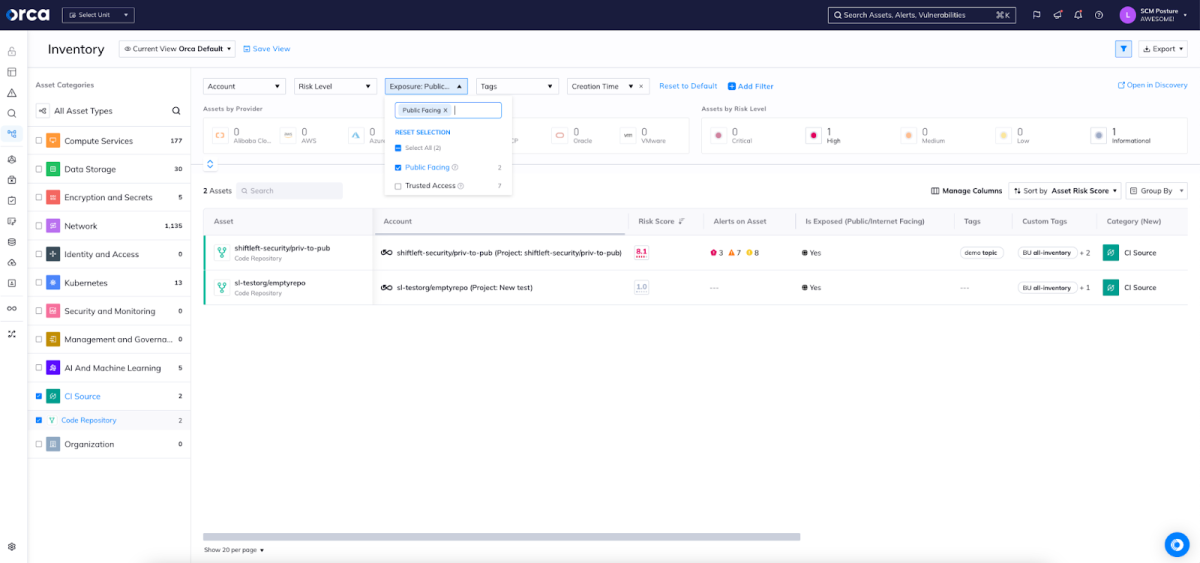 Orca Security's inventory dashboard automatically discovering and enabling filtered search of all repository instances