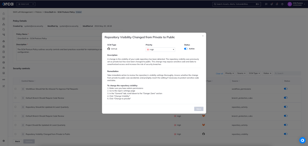 Orca Security SCM Posture Policy example