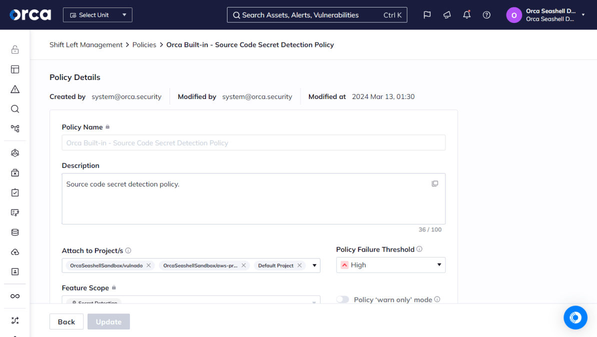 Orca Security's Shift Left Management dashboard featuring a source code secret detection policy