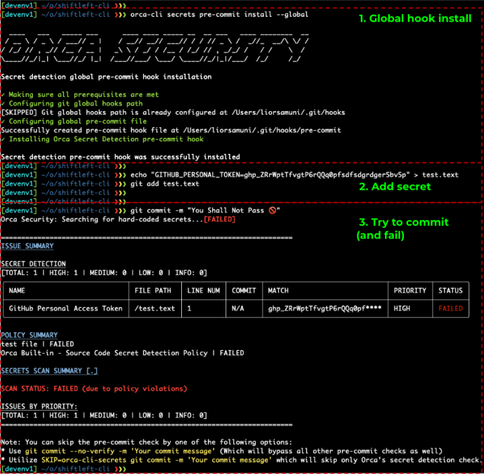 A screenshot of a Orca Security pre-commit hook preventing secrets disclosure