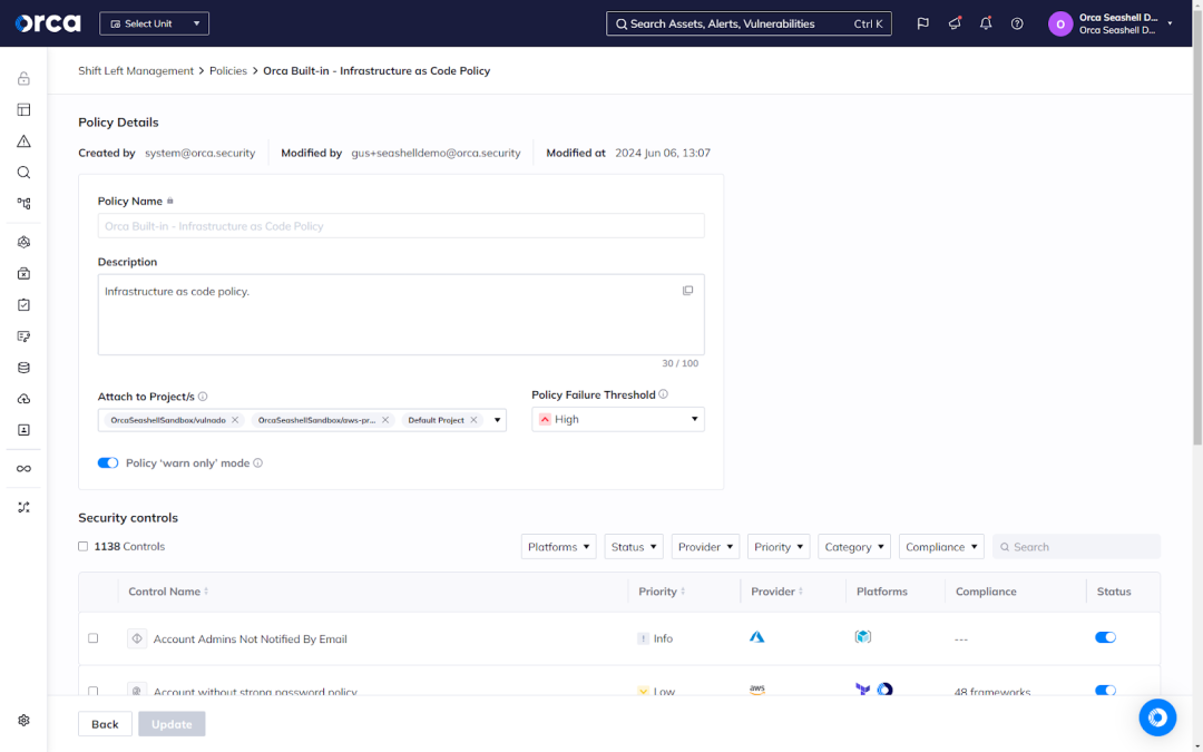 Orca’s IaC policy controls dashboard displaying code policy details for Shift Left Management