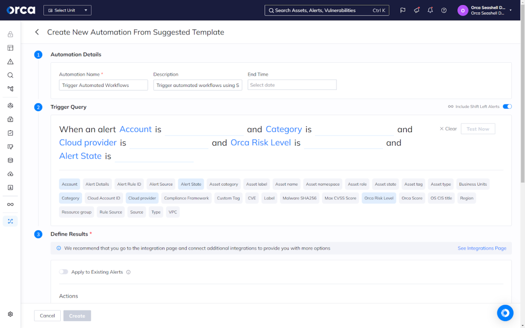 Orca Automations dashboard customizing automated workflows for security risk