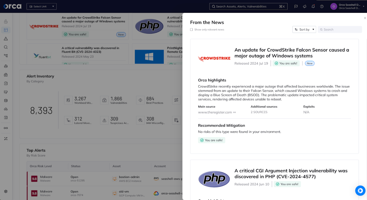 A “From the News” tab in Orca Security shows that this environment is unaffected by the widespread CrowdStrike Falcon Sensor outage.