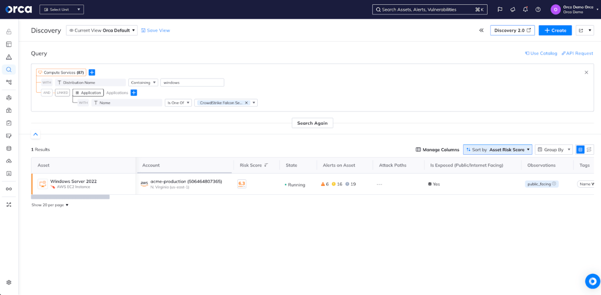 A discovery query in Orca Security has identified one asset running both Windows and CrowdStrike Falcon Sensor.