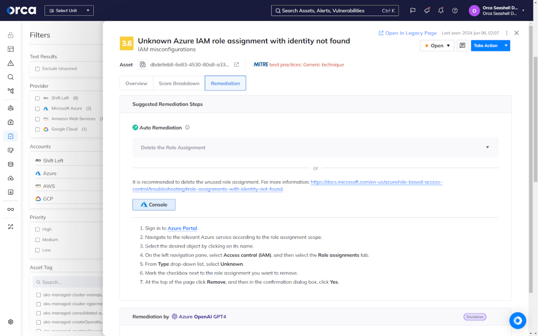 Orca Security's dashboard displaying multiple automated and assisted remediation options